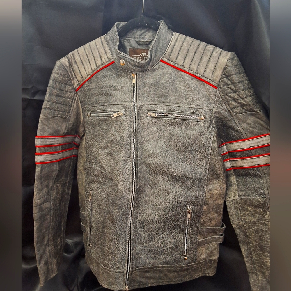 New James Leather Men's Gray and Red Leather Jacket Size X-Small